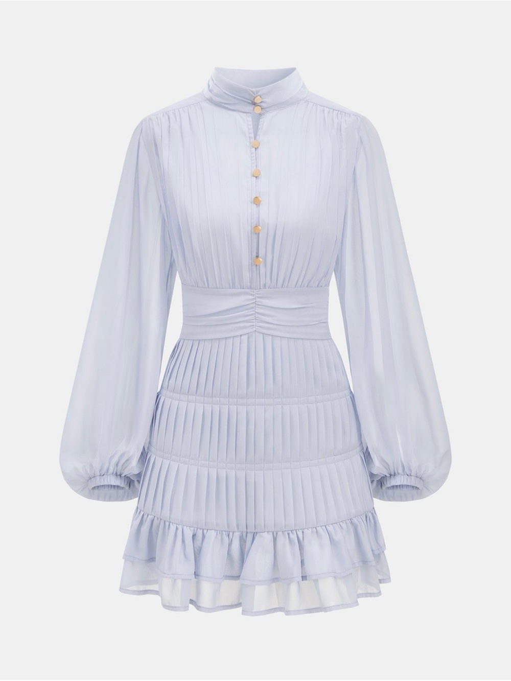 Commense Pale Blue Pleated Long-Sleeve Mini Dress